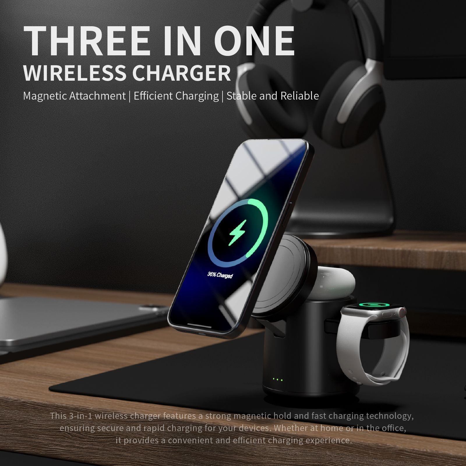 15W Magnetic Three-in-one Wireless Charger - Balochistan LLC  Product information: Model: s7 Type: folding magnetic three-in-one wireless charger Material: ABS + zinc alloy + rubber oil Color: black/white Input: 9V/2A Output: 15W /10W/7.5W/ 3W/2.5W Product Size: 71.5*85*65m m Packing list: 1* Wireless Charger Product Image: