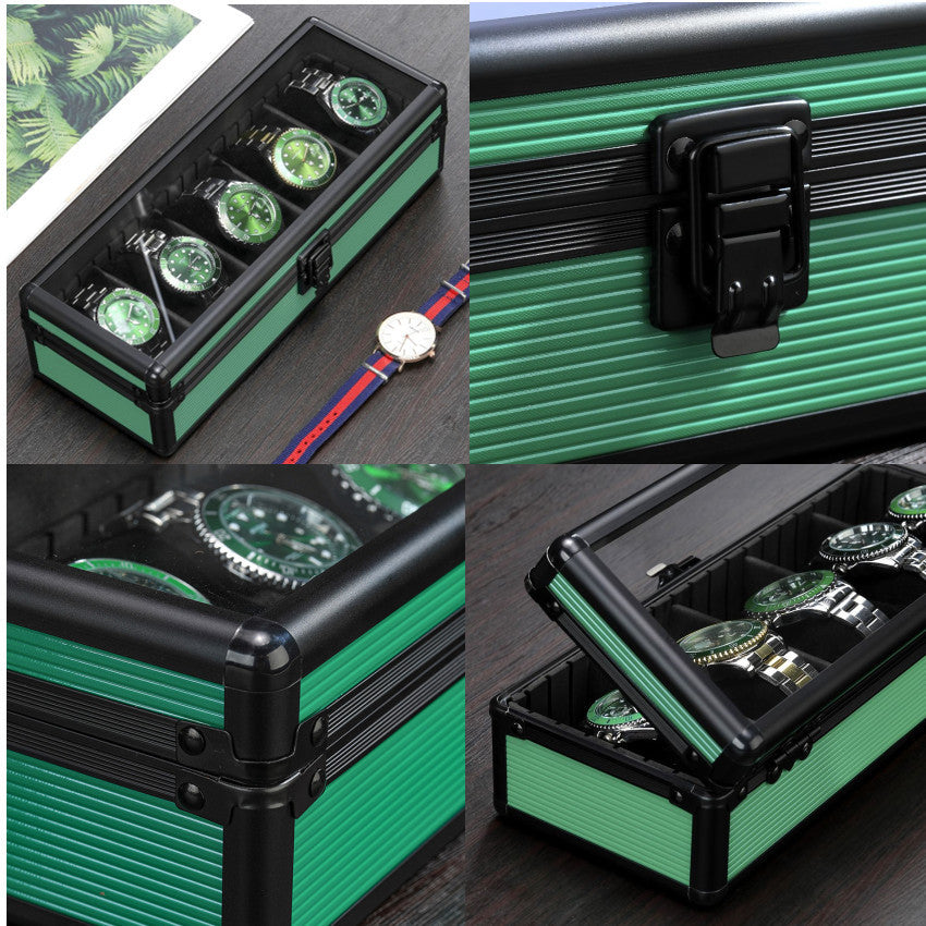 Green Aluminum Alloy 5 Grid Top Cover Transparent Watch Storage Box - Balochistan LLC  Product information: Product size: 290x110x85mm Color: green Material: aluminum alloy Product description: Rounded corners, upper cover glass, can hold five watches, the partition inside can be moved at will, and other storage items can be placed Packing list: Storage Box*1