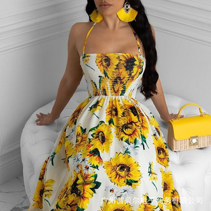 Sunflower print long holiday dress