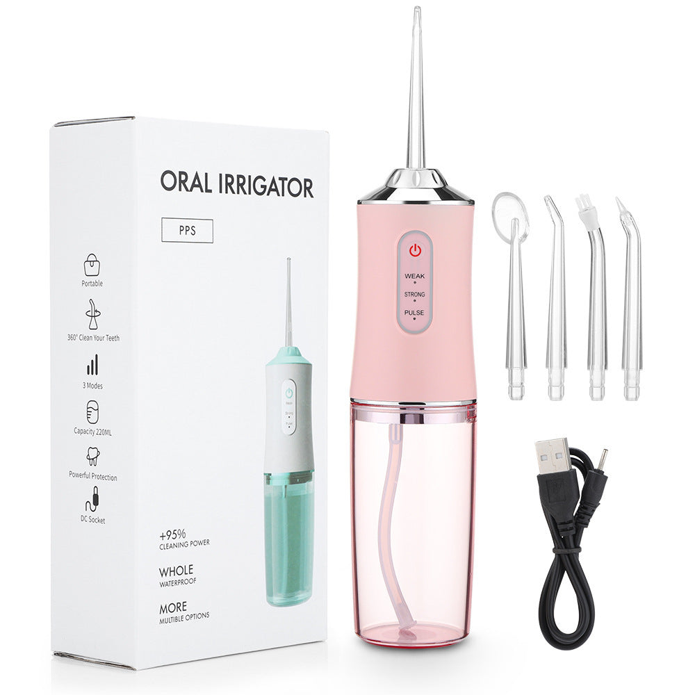 Household 3-speed 220ml Hand-held Electric Dental Irrigator - Balochistan LLC  Product information: Power Mode: Electric Color: white, pink, light green black Material: ABS Rated voltage: DC3.7V Rated power: 3.5W Battery capacity: 1200mA Host size: 21*5.8cm Packing list: Host*1, replacement nozzle*4, USB charging cable*1, English manual*1. English color box*1