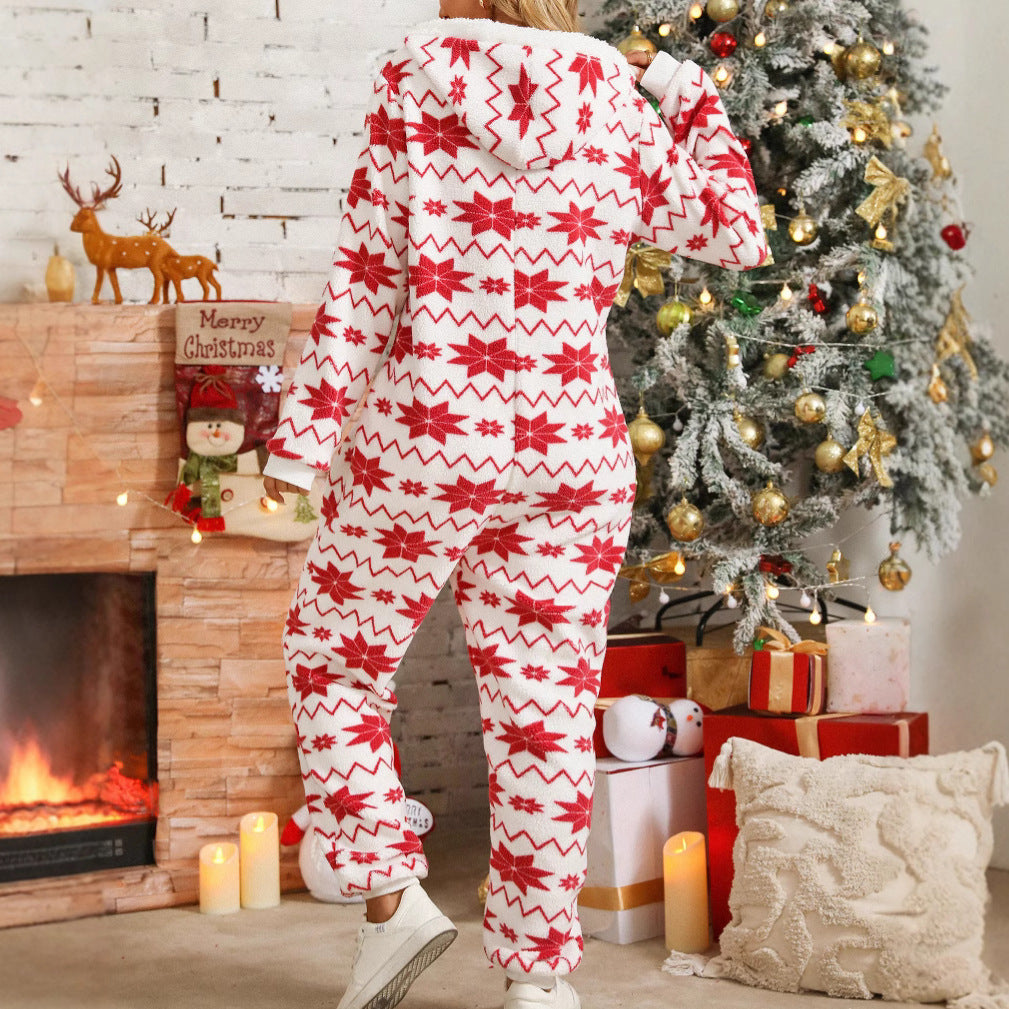 Loose Long Sleeve Trousers Christmas Printed Plush Jumpsuit Suit