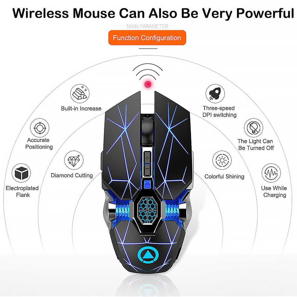 Silver Eagle A7 Silent Silent Rechargeable Wireless Mouse Computer Accessories - Balochistan LLC  Product parameters: Surface treatment: Black frosted, white mirror Engine: game level engine DPI: 800-1200-1600 Foot patch: 4 groups of UPE foot stickers Flank: electroplated double wing Size: 128 ± 5 * 75 soil 5 * 39 ± 5 (mm) Weight: 97 soil 10g Connection: 2.4GHz Number of keys: 7 Interface: USB Backlight: seven color circulatory breathing Battery: rechargeable battery Package ：1*Mouse