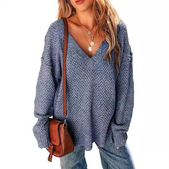 Women's V-neck Pullover Long-sleeved Street Top - Balochistan LLC  Product information: Color: Milky White, black, navy blue, pink, light green, khaki, Gray Main fabric composition: Polyester Fiber Size: S,M,L,XL Sleeve length: long sleeve Style: pullover Packing list: Sweater X1 Product Image: