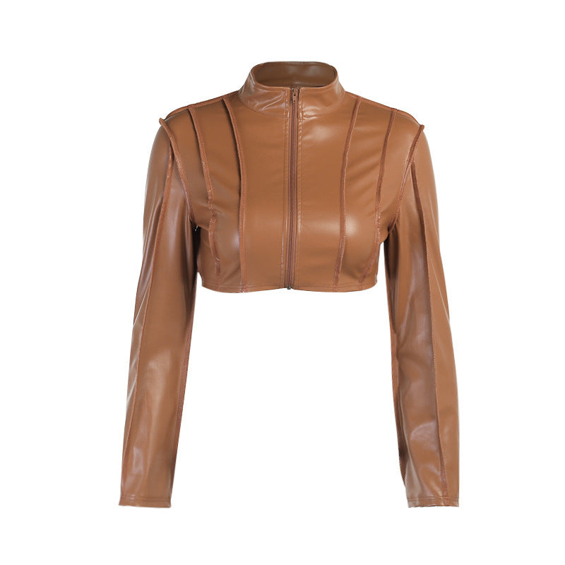 New Autumn And Winter Long-sleeved Ultra-short Zipper Leather Jacket