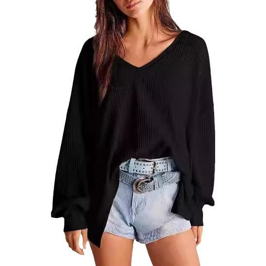 Women's Waffle Knit Blouse Lantern Sleeve Casual Shirt - Balochistan LLC 