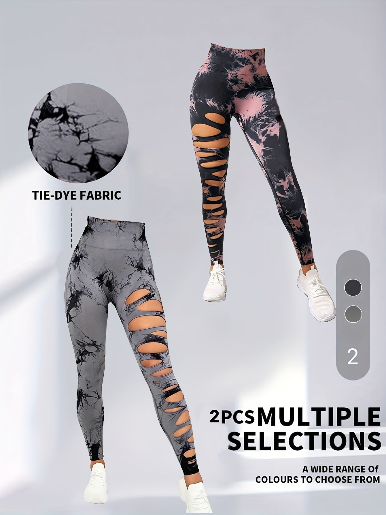 2 Pack Hollow Sexy High Elastic Women's Tie Dye Cutout Tights High Waist Workout Yoga Leggings, Scrunch Butt Lifting Elastic Pants, Tummy Control Butt Lifting Workout Yoga Athletic Pants