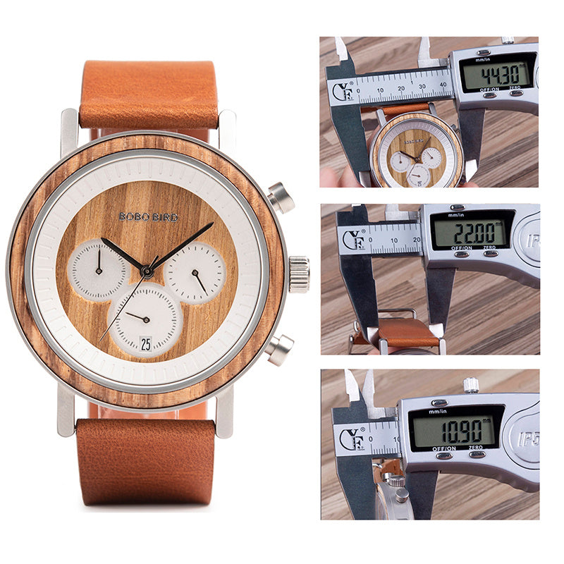 Chronograph Men Watches - Balochistan LLC  Case diameter: 44.3 mm Band width: 22 mm Entire band: 220 mm Movement: Japan Miyota Mirror material: Hardlex Band material: Zebra wood & stainless steel or ebony & stainless steel Case material: Zebra wood or ebony Buckle: Double push clasp