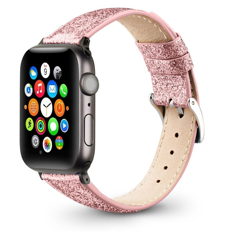 Compatible with Apple , Watch Strap Leather Glitter Leather Strap - Balochistan LLC  Note： Non-Apple branded products,Compatible with iPhone models Product information: Material: Leather Color: flashing black, flashing blue, flashing gold, flashing pink, flashing silver gray Size: 38/40mm, 42/44mm Weight: 20g/25g Packing list: Watch strap*1