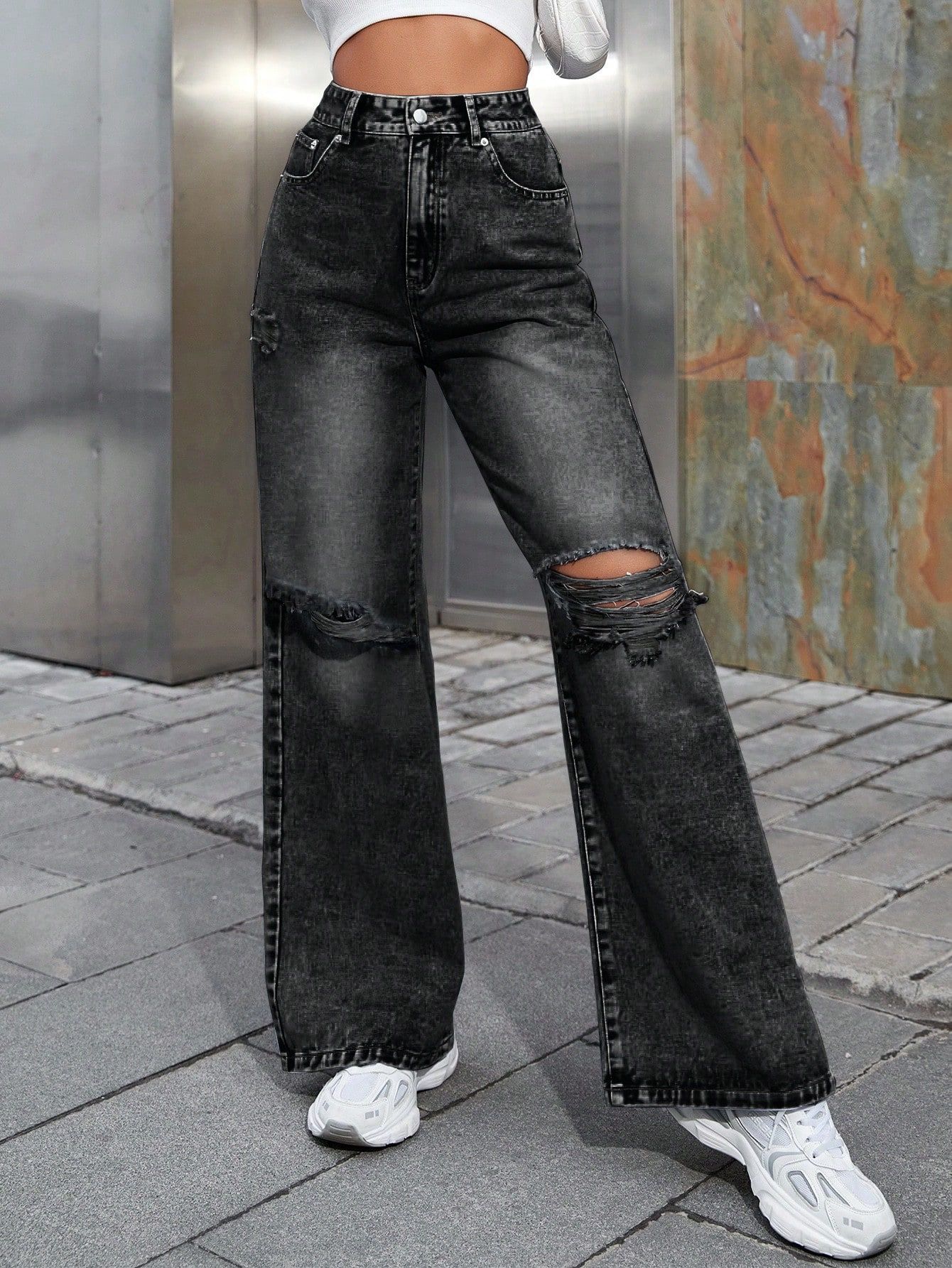 Fashion Holes High Waist Wide Leg Pants Casual Denim Trousers