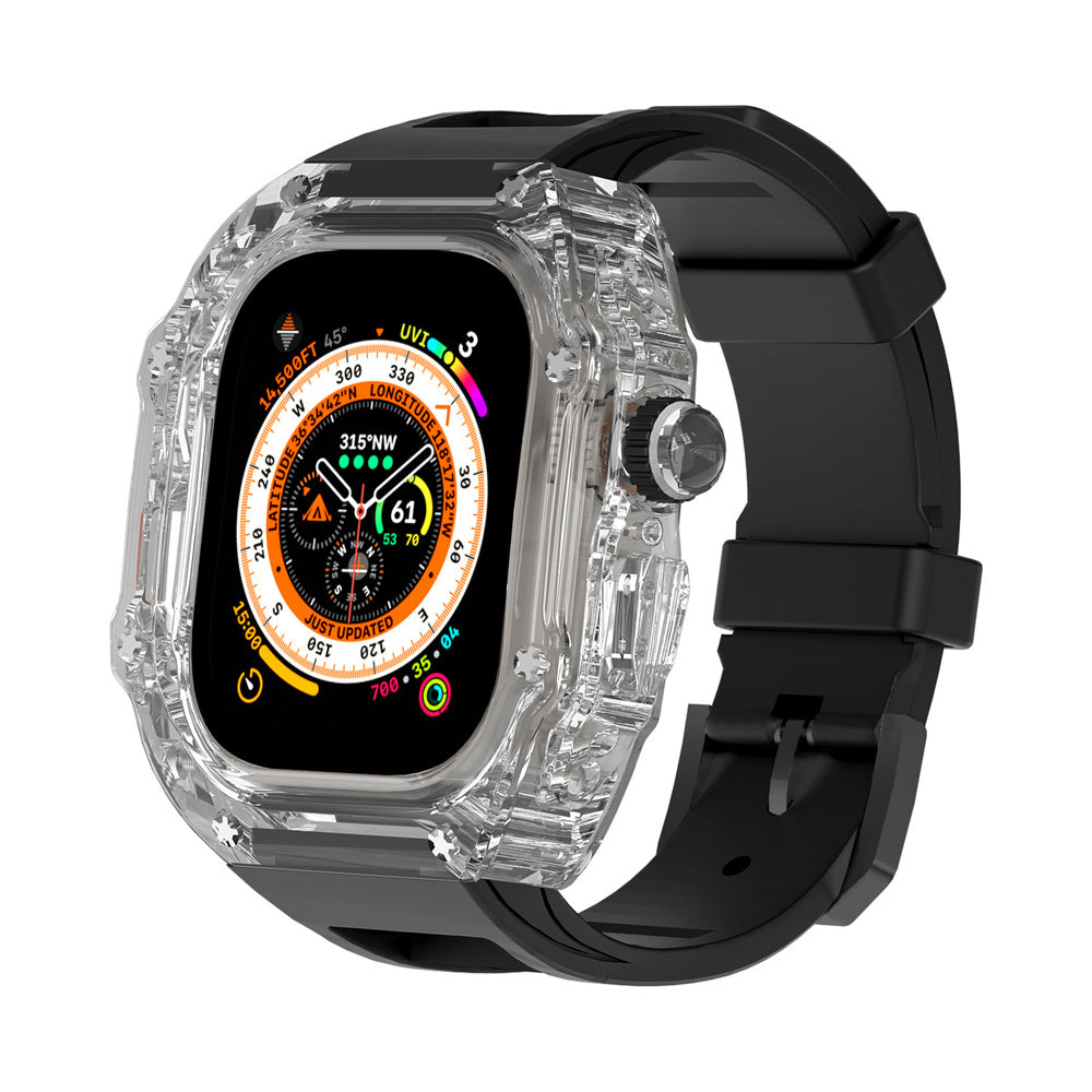 Transparent Case Fluororubber Strap Protective Case - Balochistan LLC  Note：Non-Apple brand products,Applicable to iWatch models. Product information: For: Apple Watch 49mm Strap Material: Fluoroelastomer Size: Ultra 49mm Packing: Box packing Body size: 60*61mm Strap size: max 8.8 in min 6.7 in Body thickness: 18mm Packing list： Strap*1 Watch case*1