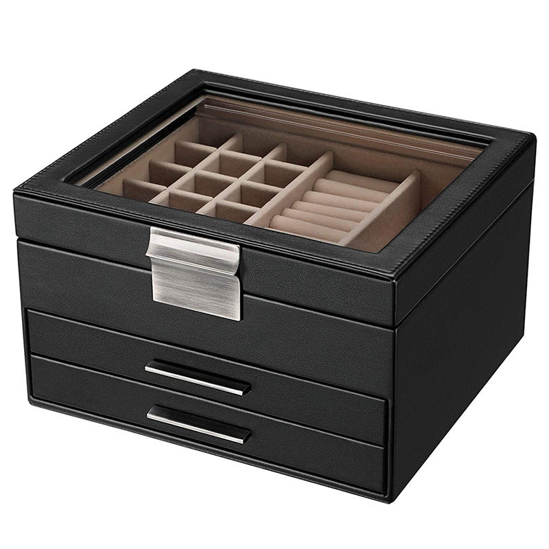 Leather Three-layer Double Drawer Ring Box Display Box Jewelry Storage Box - Balochistan LLC  Product information: Weight 1.84 kg Custom processing: Yes Item No.: SS-00005 Material: leather Packing type: packing box Purpose: Jewelry Box: Black Specification: 23x20x13.8cm Error: 1-2mm Features: Multi-layer large capacity Packing list Storage box*1