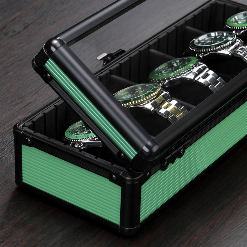 Green Aluminum Alloy 5 Grid Top Cover Transparent Watch Storage Box - Balochistan LLC  Product information: Product size: 290x110x85mm Color: green Material: aluminum alloy Product description: Rounded corners, upper cover glass, can hold five watches, the partition inside can be moved at will, and other storage items can be placed Packing list: Storage Box*1