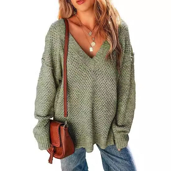 Women's V-neck Pullover Long-sleeved Street Top - Balochistan LLC  Product information: Color: Milky White, black, navy blue, pink, light green, khaki, Gray Main fabric composition: Polyester Fiber Size: S,M,L,XL Sleeve length: long sleeve Style: pullover Packing list: Sweater X1 Product Image: