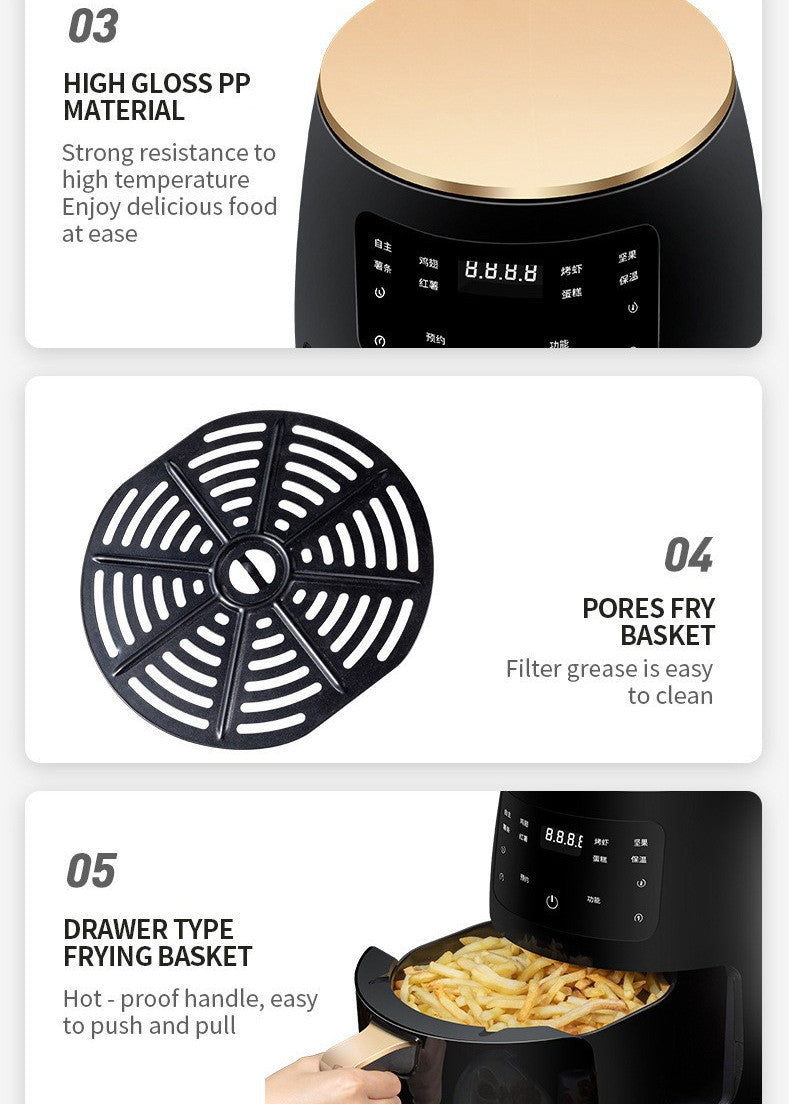 Air Fryer Smart Touch Home Electric Fryer - Balochistan LLC  Product information: Control mode: touch Heating mode: heating by heating pipe Safety function: automatic power-off Rated power: 1400W Body material: stainless steel Type of electric fryer: air fryer Product size: 305 * 305 * 345CM Packing list: 1* air fryer