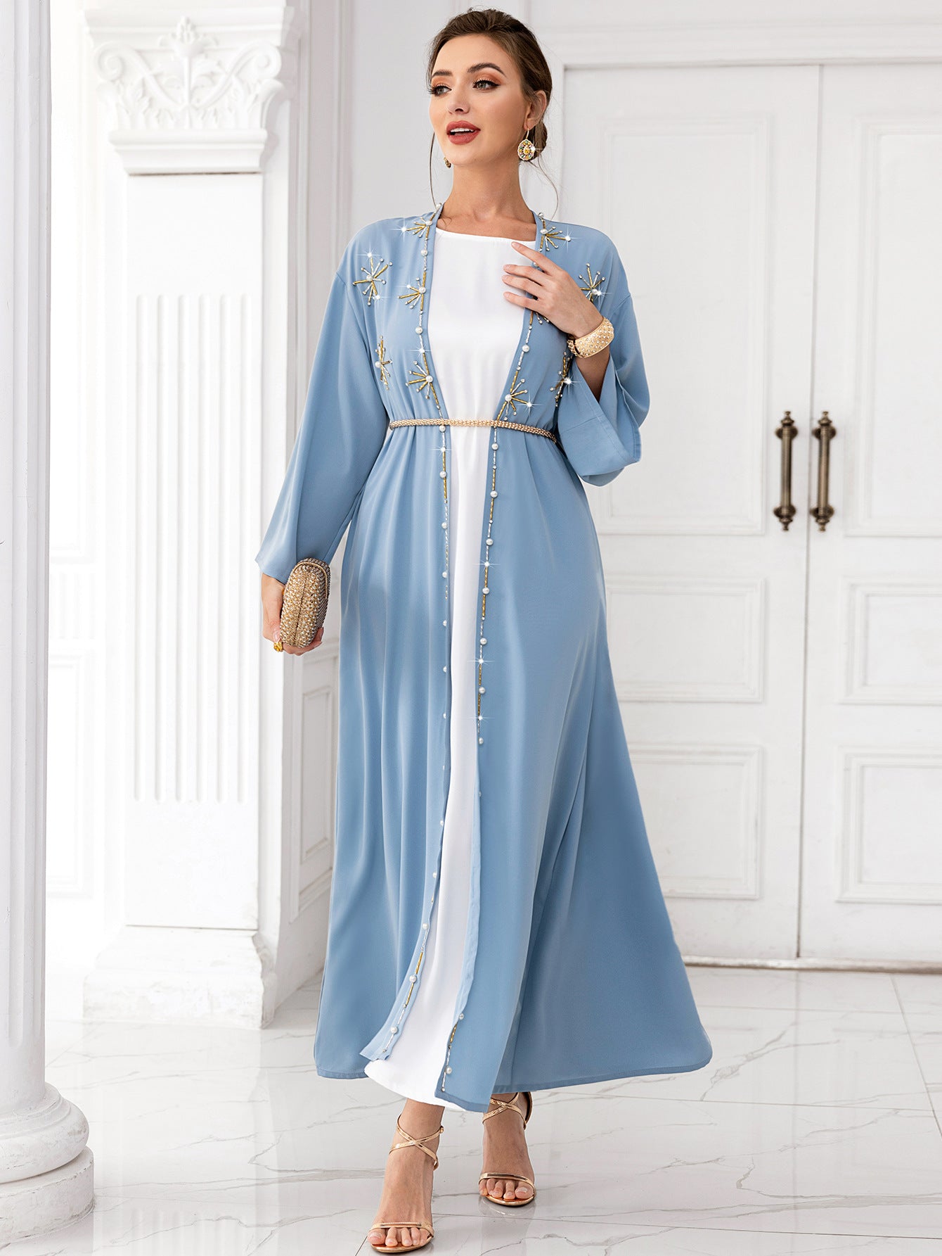 Arabic Cardigan Outer Wear Hand-stitched Diamond Travel Holiday Long Gown