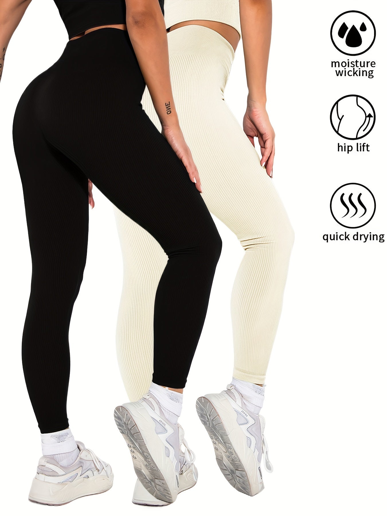 2 Pack Womens Seamless Ribbed Leggings Soft Slimming Yoga Pants, Ribbed Yoga Pants High Waisted Gym Leggings Sport Women Fitness Seamless Female