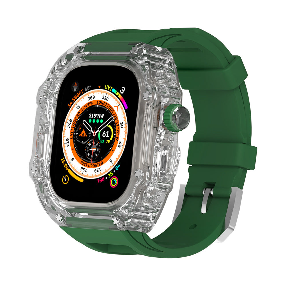 Transparent Case Fluororubber Strap Protective Case - Balochistan LLC  Note：Non-Apple brand products,Applicable to iWatch models. Product information: For: Apple Watch 49mm Strap Material: Fluoroelastomer Size: Ultra 49mm Packing: Box packing Body size: 60*61mm Strap size: max 8.8 in min 6.7 in Body thickness: 18mm Packing list： Strap*1 Watch case*1