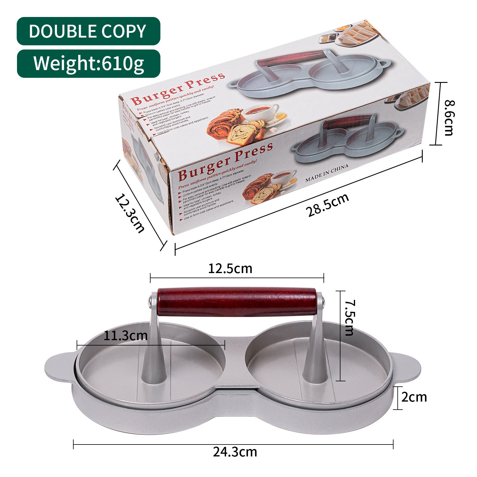 Hamburger Cutlet Press Round Mold Kitchen Gadgets - Balochistan LLC  Product information: Product Category: DIY Mold Specifications: Single-headed hamburger squeezer, double-headed hamburger squeezer, three-headed hamburger squeezer Material:Aluminum alloy Packing list: 1*Burger meat patty press Product Image: