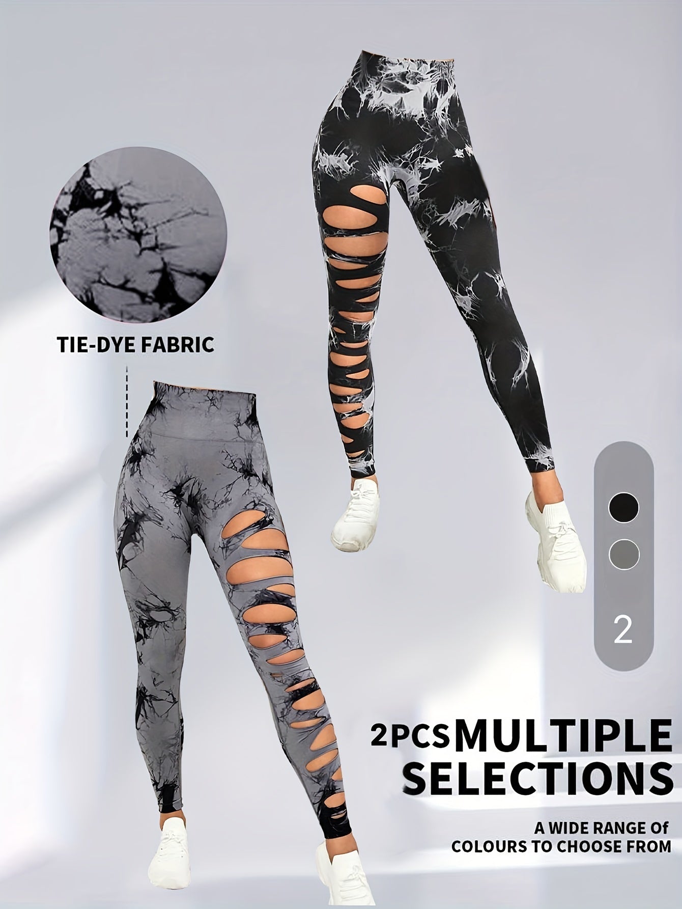 2 Pack Hollow Sexy High Elastic Women's Tie Dye Cutout Tights High Waist Workout Yoga Leggings, Scrunch Butt Lifting Elastic Pants, Tummy Control Butt Lifting Workout Yoga Athletic Pants