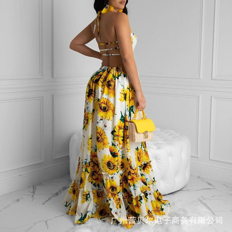 Sunflower print long holiday dress