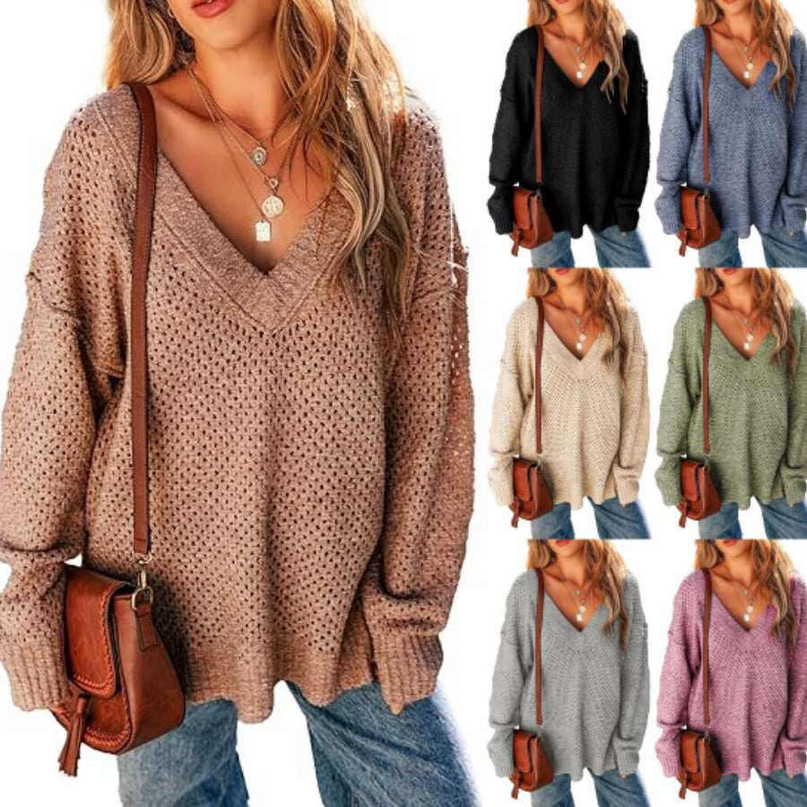 Women's V-neck Pullover Long-sleeved Street Top - Balochistan LLC  Product information: Color: Milky White, black, navy blue, pink, light green, khaki, Gray Main fabric composition: Polyester Fiber Size: S,M,L,XL Sleeve length: long sleeve Style: pullover Packing list: Sweater X1 Product Image: