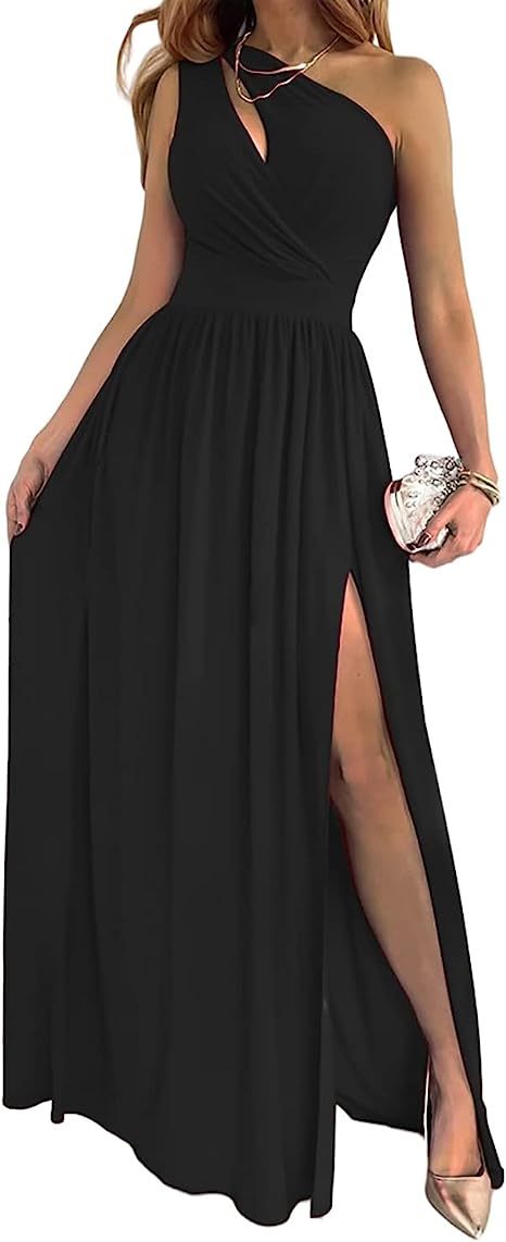 Women's One Shoulder High Split Cutout Sleeveless Elegant Sexy Cocktail Maxi Dress