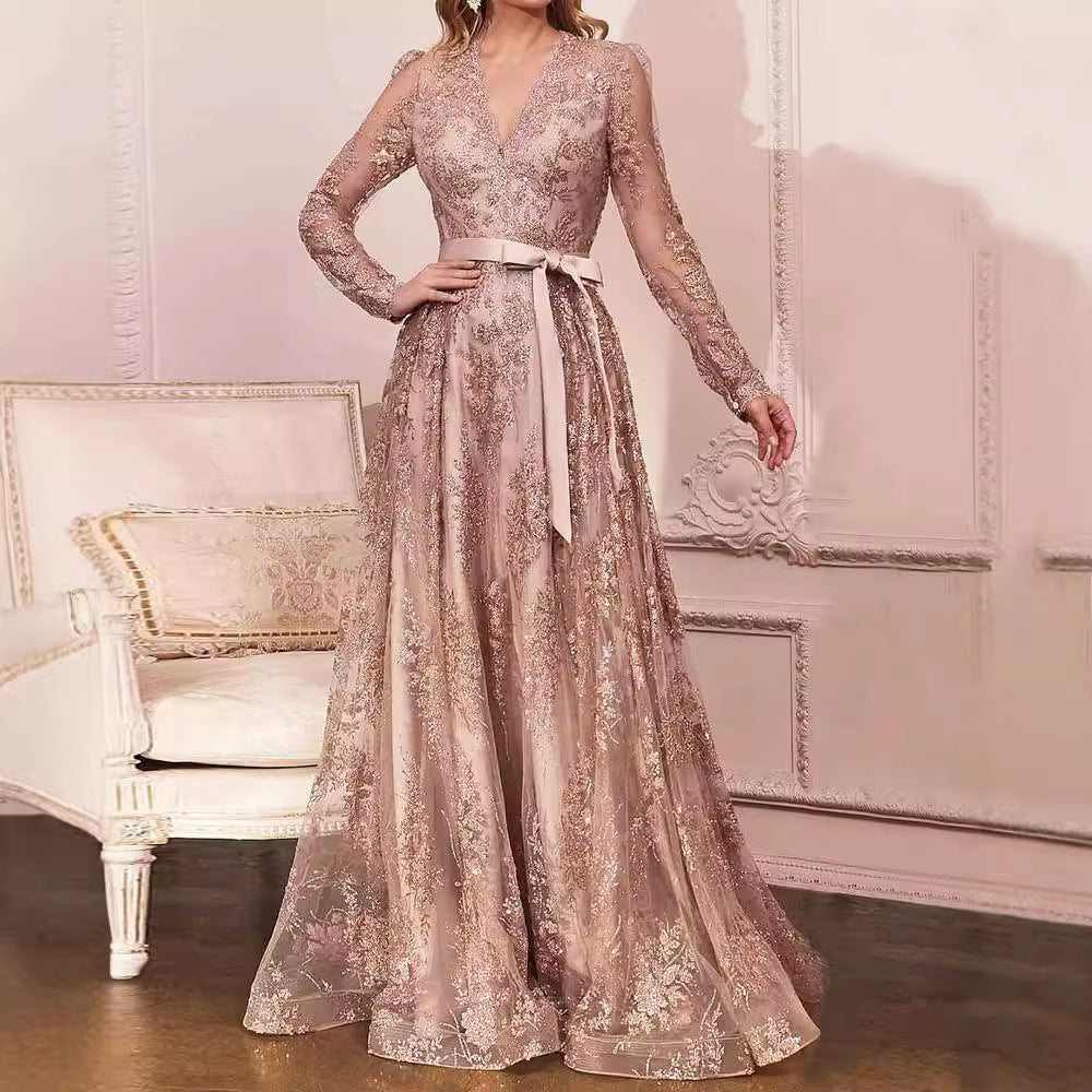 Sequined Elegant Deep V Banquet Evening Dress