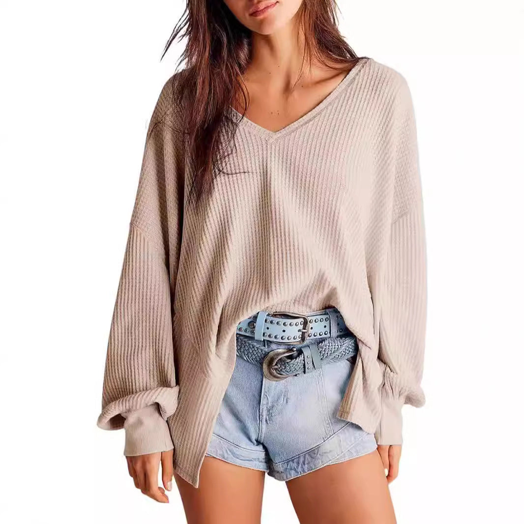 Women's Waffle Knit Blouse Lantern Sleeve Casual Shirt - Balochistan LLC 