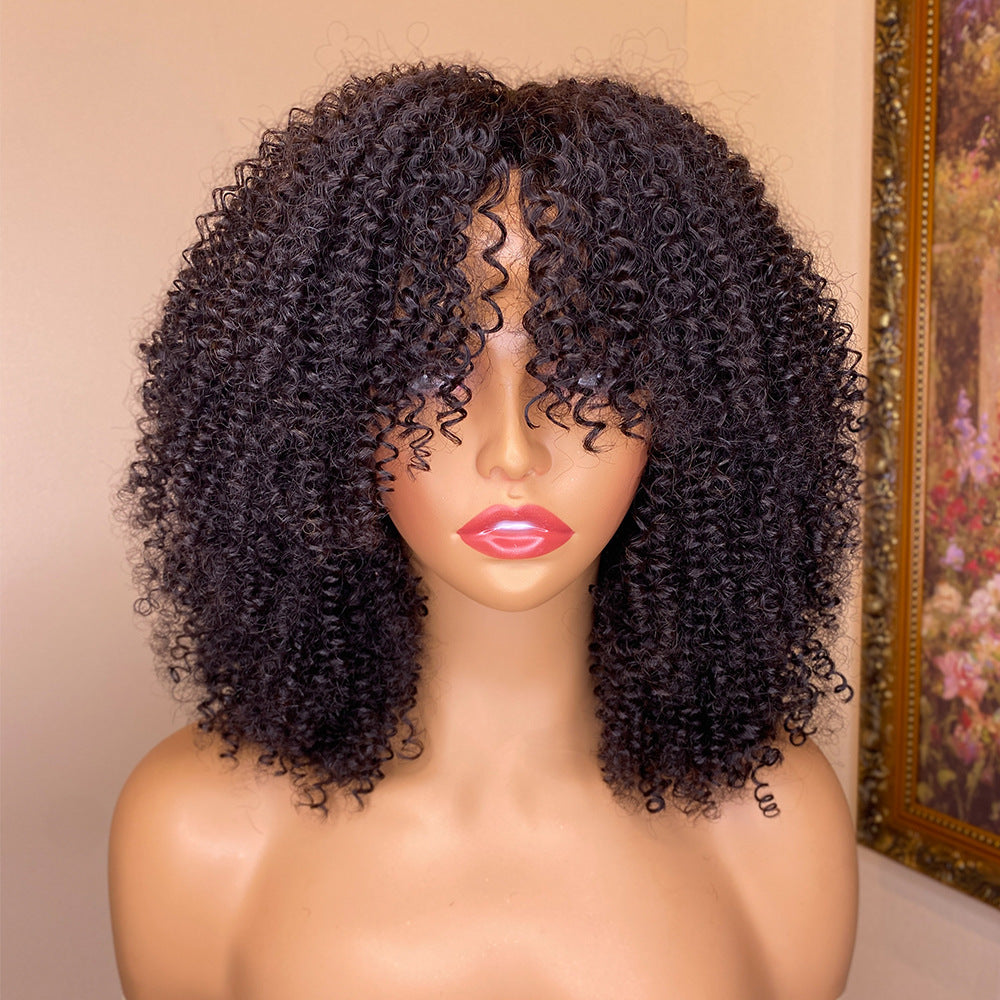 Kinky Curly Human Hair Wigs With Bangs - Balochistan LLC  Product information: Applicable crowd: women Treatment process: mechanism Color; 150%,180% Can I dye it: can I dye it Hair material: human hair Applicable skin color: any skin color Applicable face type: any face type Type of bangs: can be parallel or oblique Efficacy: hairdressing Cosmetic characteristics: hairdressing Wig length: 10inch, 12inch, 14inch, 16inch, 18inch, 20inch, 22inch, 24inch, 26inch, 28inch, 30inch Packing list: Wig head cover X1