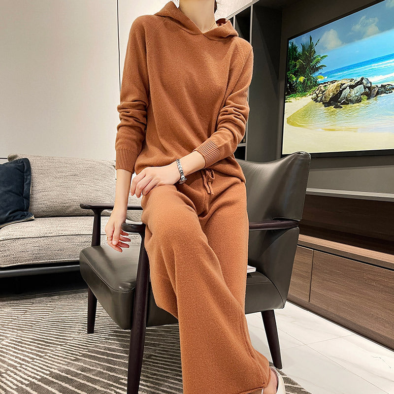 New Fashion Hooded Loose Top Knitted Wide Leg Pants