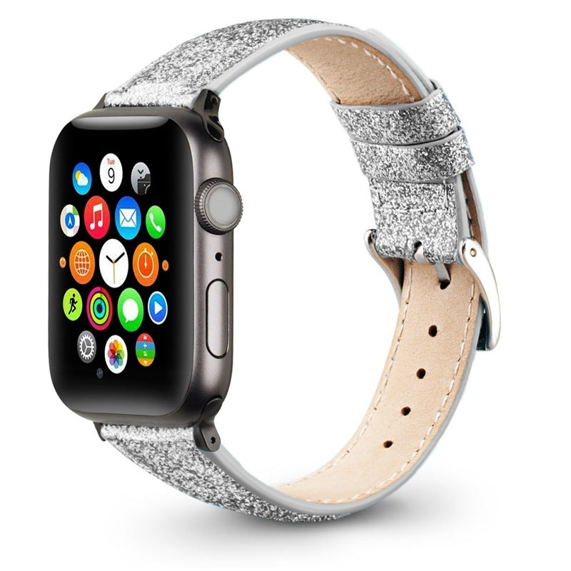 Compatible with Apple , Watch Strap Leather Glitter Leather Strap - Balochistan LLC  Note： Non-Apple branded products,Compatible with iPhone models Product information: Material: Leather Color: flashing black, flashing blue, flashing gold, flashing pink, flashing silver gray Size: 38/40mm, 42/44mm Weight: 20g/25g Packing list: Watch strap*1