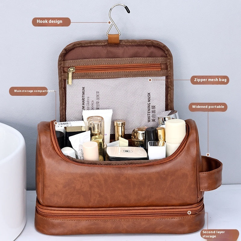 Leather Cosmetics Storage Bag Travel Toiletry Bag Portable Men's Business Simplicity Portable With Hook - Balochistan LLC  Product information: Applicable scenarios: applicable to multiple scenarios Color: brown, black, brown Scope of Application: wide Function: Storage Material: PU Style: simple and modern Category: wash bag, bag Packing list: Leather Storage Bag×1pc Product Image: