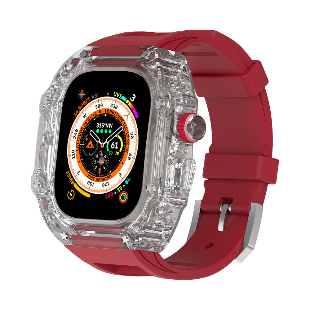 Transparent Case Fluororubber Strap Protective Case - Balochistan LLC  Note：Non-Apple brand products,Applicable to iWatch models. Product information: For: Apple Watch 49mm Strap Material: Fluoroelastomer Size: Ultra 49mm Packing: Box packing Body size: 60*61mm Strap size: max 8.8 in min 6.7 in Body thickness: 18mm Packing list： Strap*1 Watch case*1