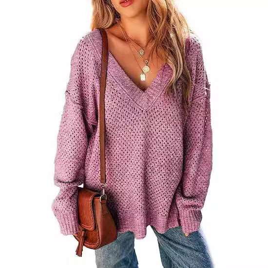 Women's V-neck Pullover Long-sleeved Street Top - Balochistan LLC  Product information: Color: Milky White, black, navy blue, pink, light green, khaki, Gray Main fabric composition: Polyester Fiber Size: S,M,L,XL Sleeve length: long sleeve Style: pullover Packing list: Sweater X1 Product Image: