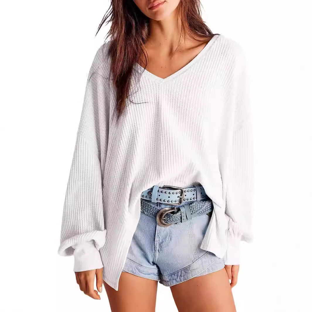 Women's Waffle Knit Blouse Lantern Sleeve Casual Shirt - Balochistan LLC 