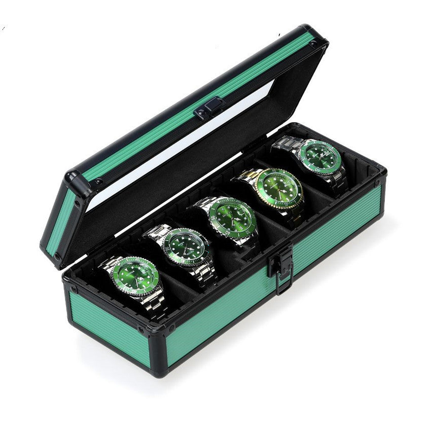 Green Aluminum Alloy 5 Grid Top Cover Transparent Watch Storage Box - Balochistan LLC  Product information: Product size: 290x110x85mm Color: green Material: aluminum alloy Product description: Rounded corners, upper cover glass, can hold five watches, the partition inside can be moved at will, and other storage items can be placed Packing list: Storage Box*1