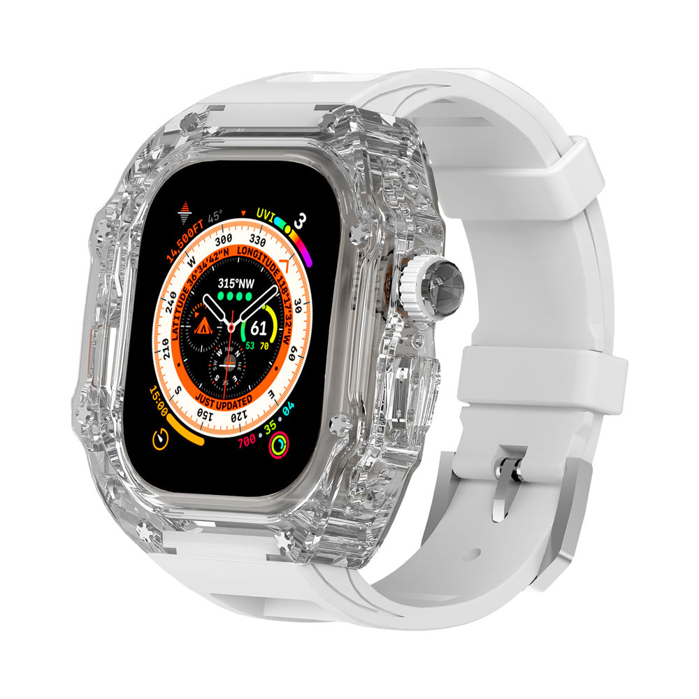 Transparent Case Fluororubber Strap Protective Case - Balochistan LLC  Note：Non-Apple brand products,Applicable to iWatch models. Product information: For: Apple Watch 49mm Strap Material: Fluoroelastomer Size: Ultra 49mm Packing: Box packing Body size: 60*61mm Strap size: max 8.8 in min 6.7 in Body thickness: 18mm Packing list： Strap*1 Watch case*1