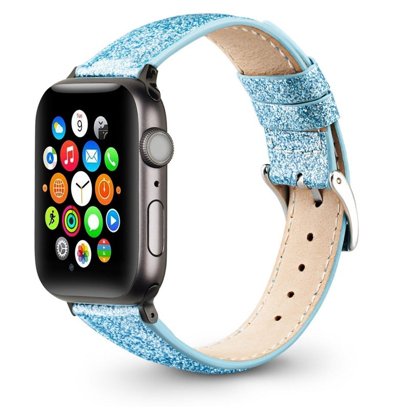 Compatible with Apple , Watch Strap Leather Glitter Leather Strap - Balochistan LLC  Note： Non-Apple branded products,Compatible with iPhone models Product information: Material: Leather Color: flashing black, flashing blue, flashing gold, flashing pink, flashing silver gray Size: 38/40mm, 42/44mm Weight: 20g/25g Packing list: Watch strap*1