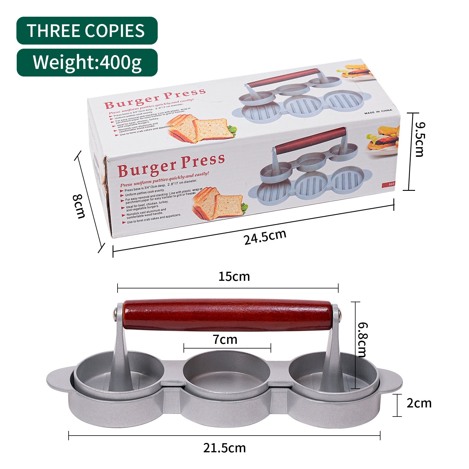 Hamburger Cutlet Press Round Mold Kitchen Gadgets - Balochistan LLC  Product information: Product Category: DIY Mold Specifications: Single-headed hamburger squeezer, double-headed hamburger squeezer, three-headed hamburger squeezer Material:Aluminum alloy Packing list: 1*Burger meat patty press Product Image: