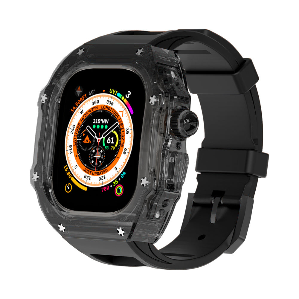 Transparent Case Fluororubber Strap Protective Case - Balochistan LLC  Note：Non-Apple brand products,Applicable to iWatch models. Product information: For: Apple Watch 49mm Strap Material: Fluoroelastomer Size: Ultra 49mm Packing: Box packing Body size: 60*61mm Strap size: max 8.8 in min 6.7 in Body thickness: 18mm Packing list： Strap*1 Watch case*1