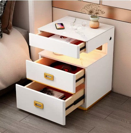 Intelligent Bedside Table Multi-function Speaker With Fingerprint Lock - Balochistan LLC  Product information : Material: plate Style: modern and simple Color: white bedside table, gray bedside table, white safe, gray safe Note: The safe is USB charged Size Information: Packing list: Bedside table *1/ safe *1