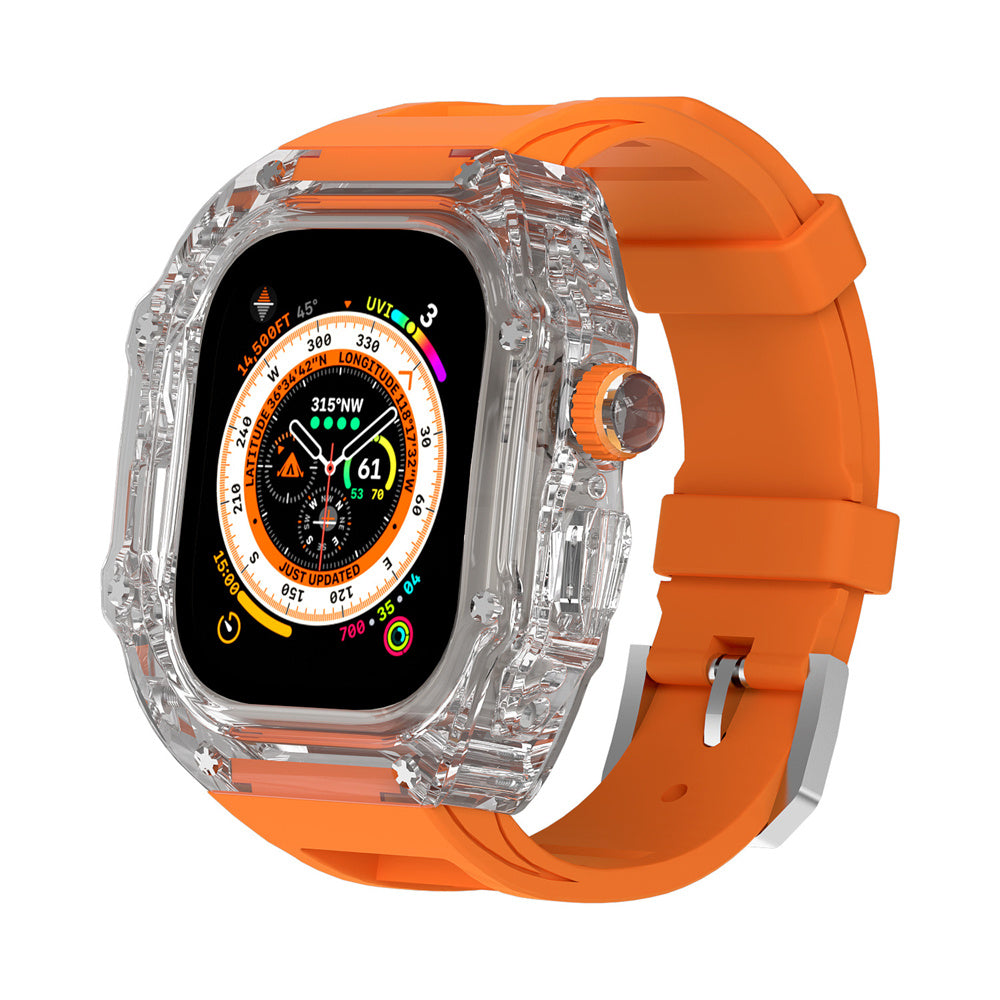 Transparent Case Fluororubber Strap Protective Case - Balochistan LLC  Note：Non-Apple brand products,Applicable to iWatch models. Product information: For: Apple Watch 49mm Strap Material: Fluoroelastomer Size: Ultra 49mm Packing: Box packing Body size: 60*61mm Strap size: max 8.8 in min 6.7 in Body thickness: 18mm Packing list： Strap*1 Watch case*1