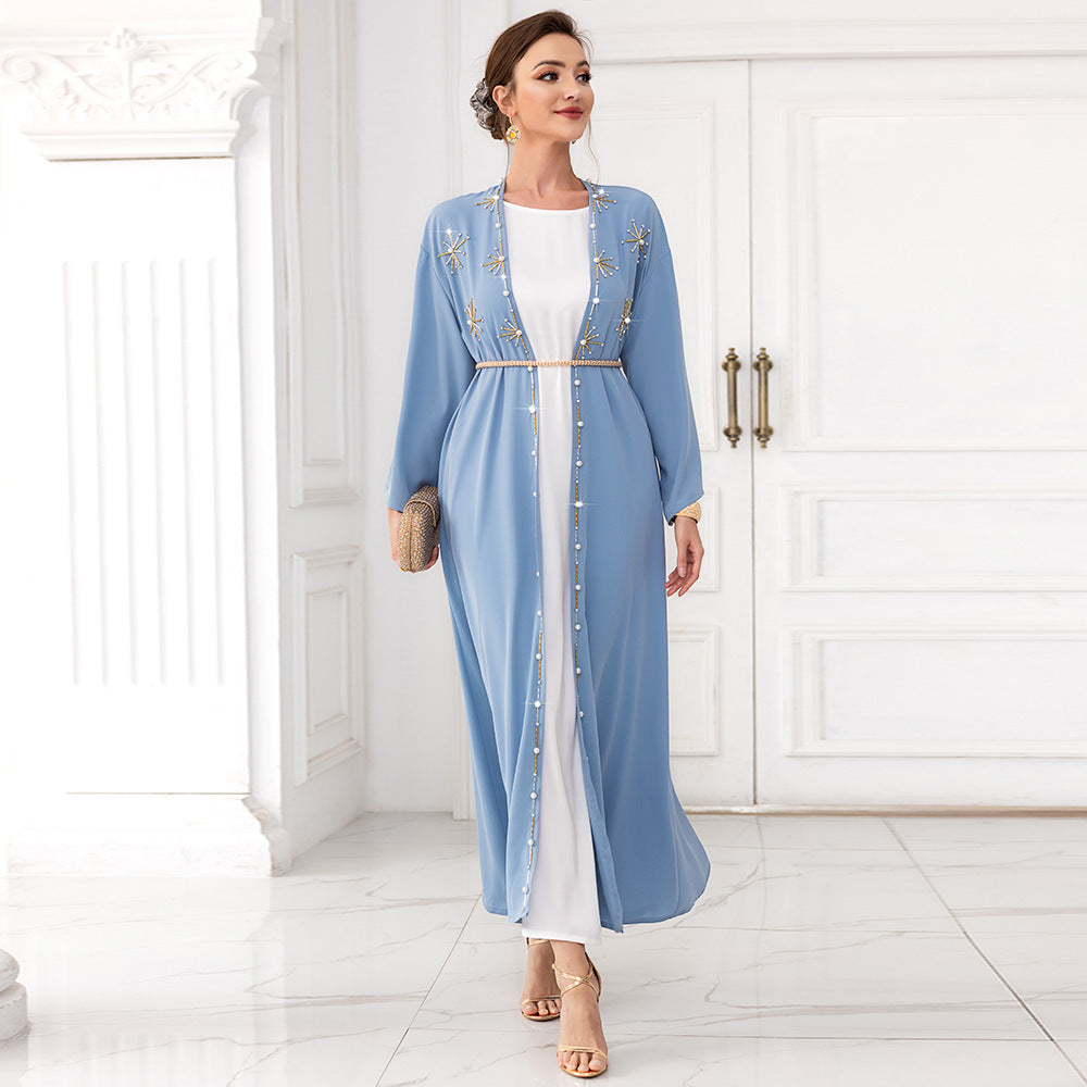 Arabic Cardigan Outer Wear Hand-stitched Diamond Travel Holiday Long Gown