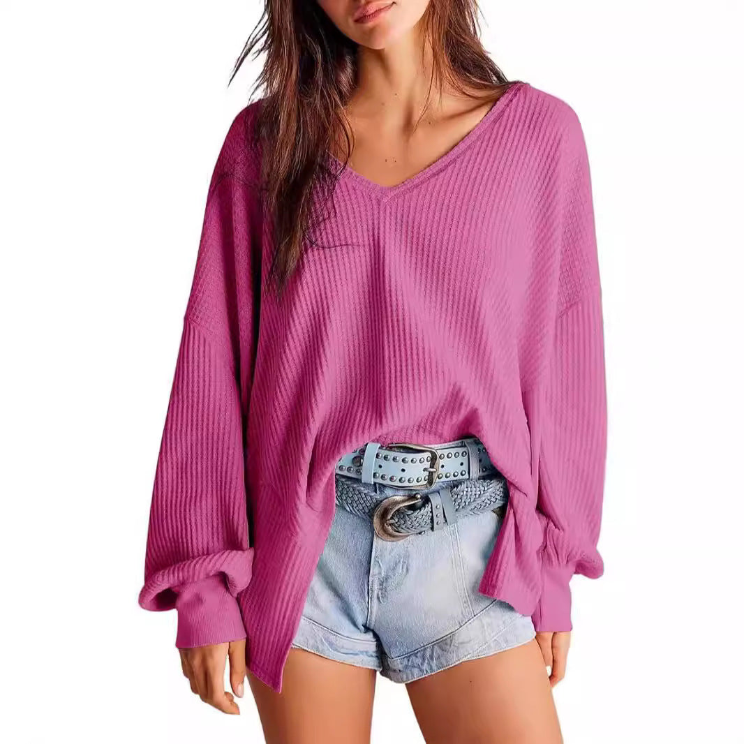 Women's Waffle Knit Blouse Lantern Sleeve Casual Shirt - Balochistan LLC 