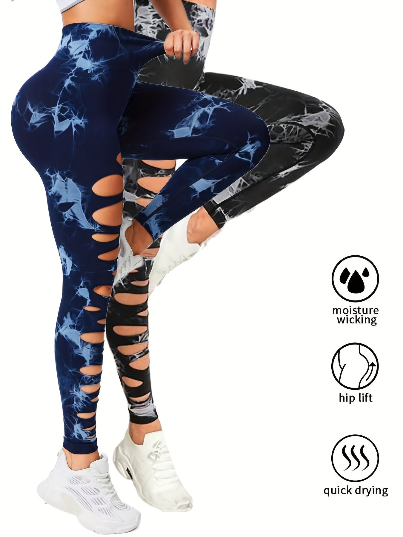 2 Pack Hollow Sexy High Elastic Women's Tie Dye Cutout Tights High Waist Workout Yoga Leggings, Scrunch Butt Lifting Elastic Pants, Tummy Control Butt Lifting Workout Yoga Athletic Pants