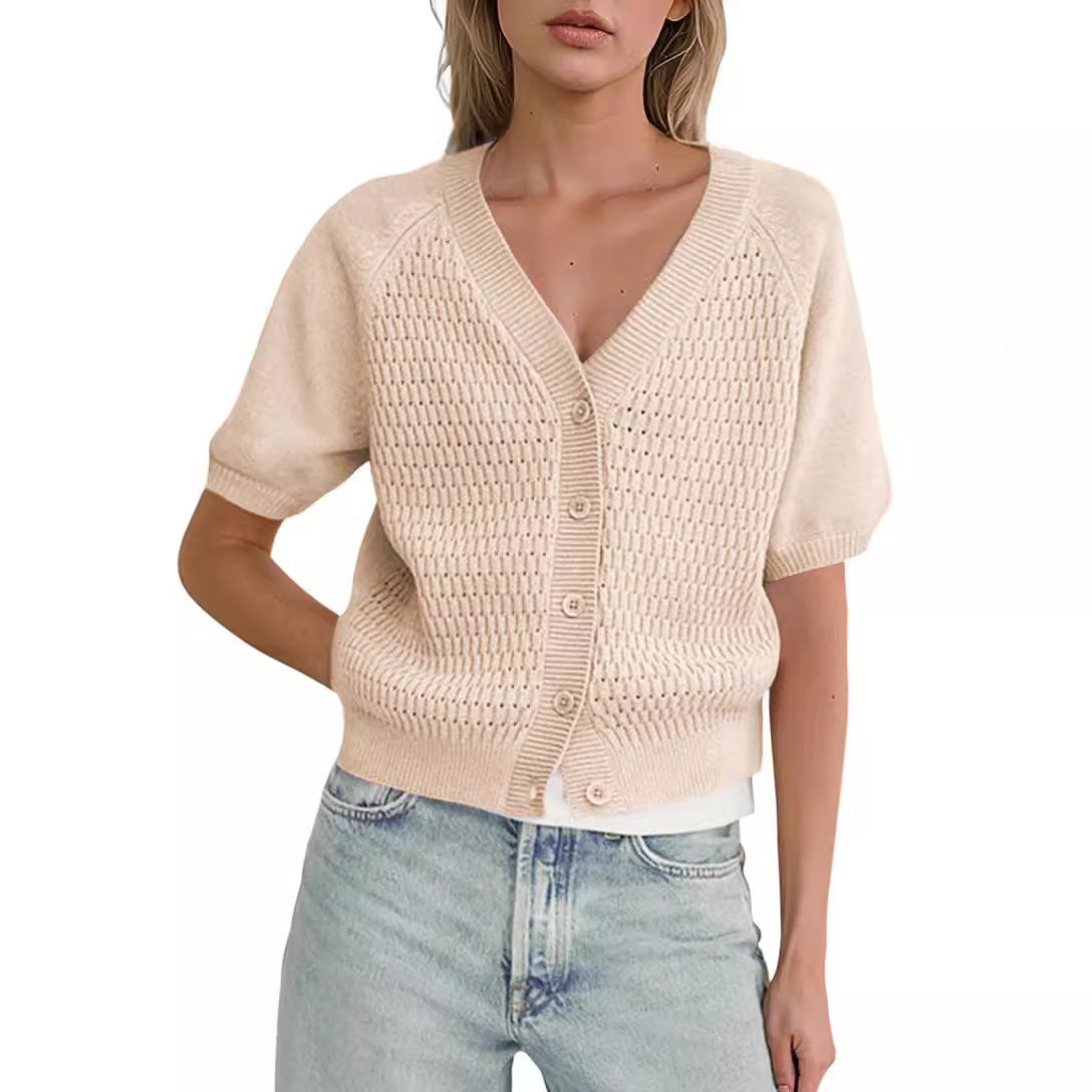 V-neck Hollow Short Button Down Puff Sleeve Shirt - Balochistan LLC 