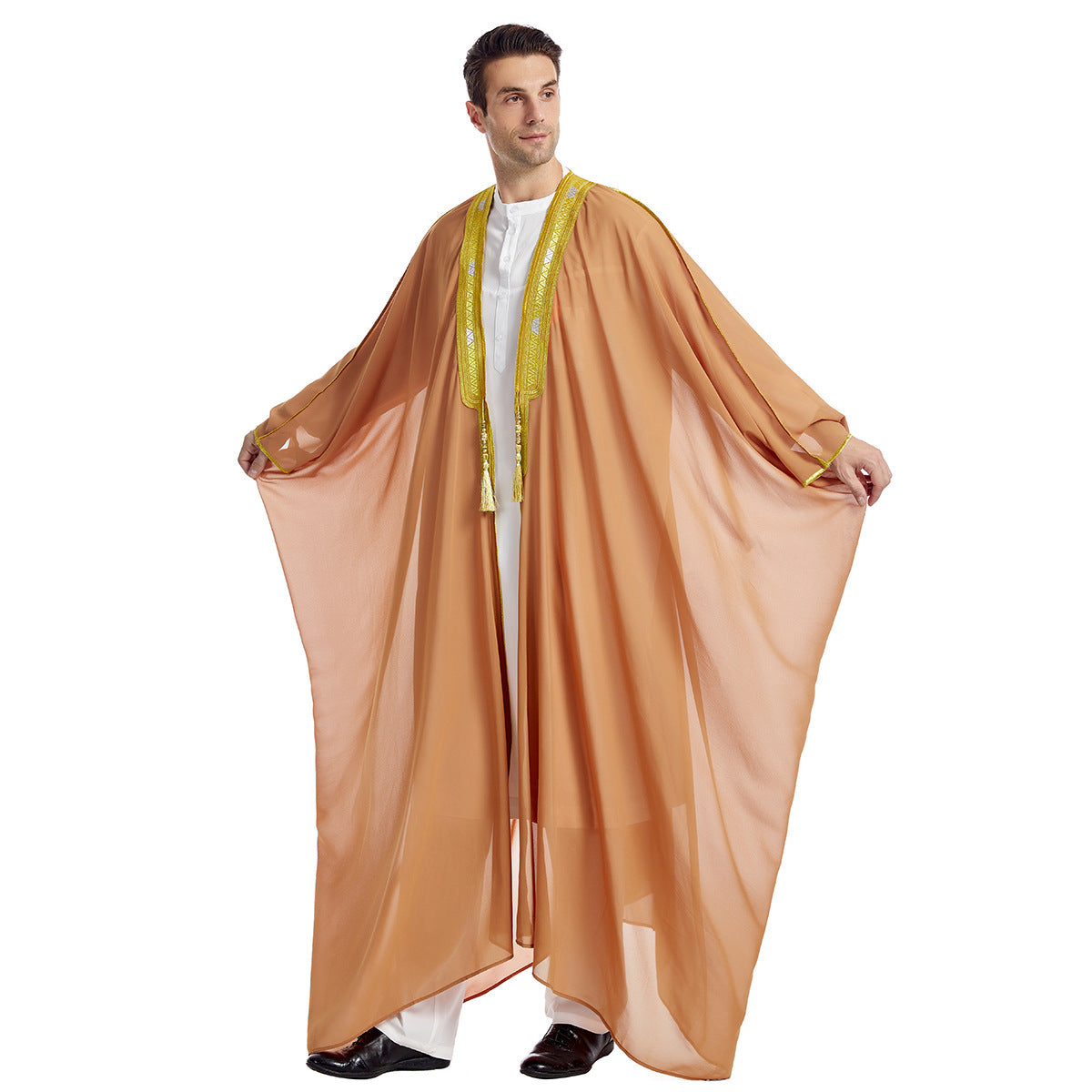 Men's Robe Arabic Embroidered Long Sleeve Tassel Golden Balls Chiffon Shawl