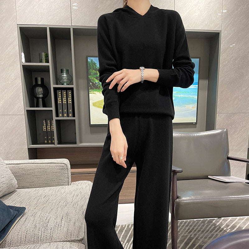 New Fashion Hooded Loose Top Knitted Wide Leg Pants