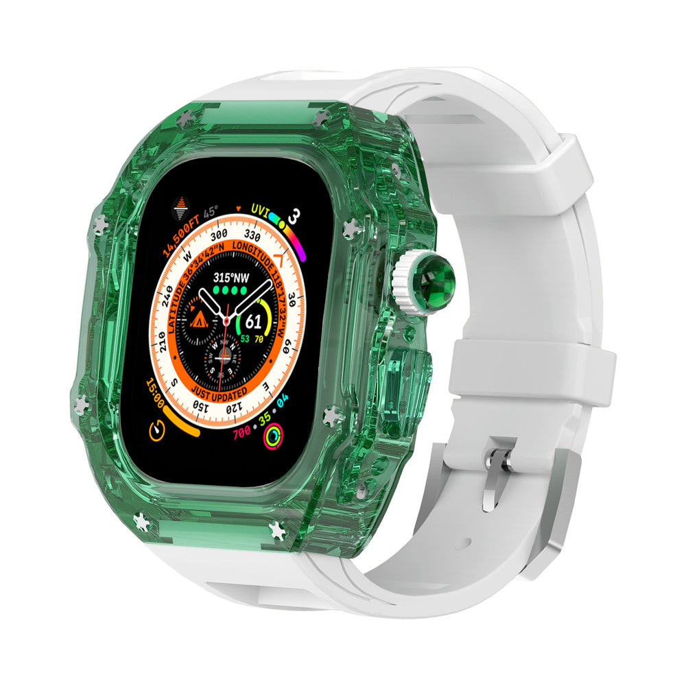 Transparent Case Fluororubber Strap Protective Case - Balochistan LLC  Note：Non-Apple brand products,Applicable to iWatch models. Product information: For: Apple Watch 49mm Strap Material: Fluoroelastomer Size: Ultra 49mm Packing: Box packing Body size: 60*61mm Strap size: max 8.8 in min 6.7 in Body thickness: 18mm Packing list： Strap*1 Watch case*1