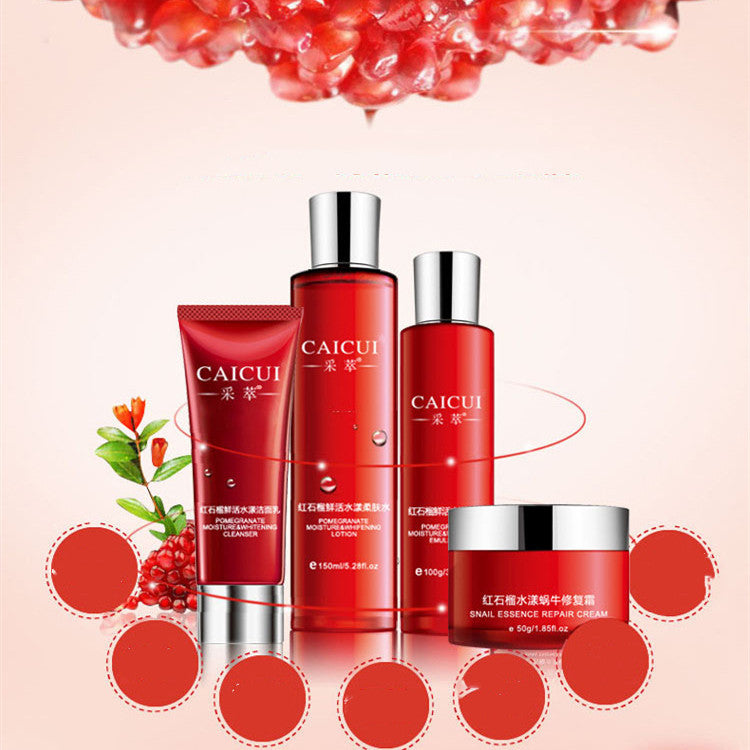 Pomegranate Set Moisturizing Cosmetics Skin Care Products - Balochistan LLC  Product information: Shelf life: three years Cosmetic efficacy: moisturizing, oil control, moisturizing Ingredients: fruit oil Net content: 120ml+150ml+100ml+50ml Packing list: Face wash*1 Toner*1 Lotion*1 Facial cream*1 Product Image: